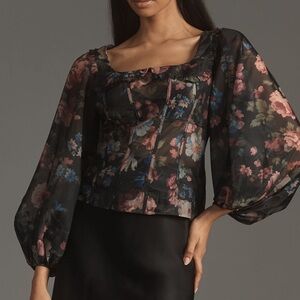 Anthropologie Floral Sheer Blouse - Black, Pink, Blue